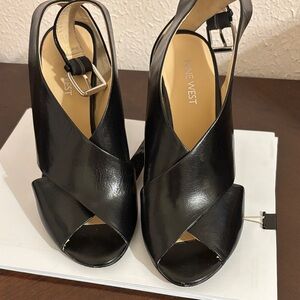 Nine West Black Leather Crisscross Peep-Toe Slingback Heels
